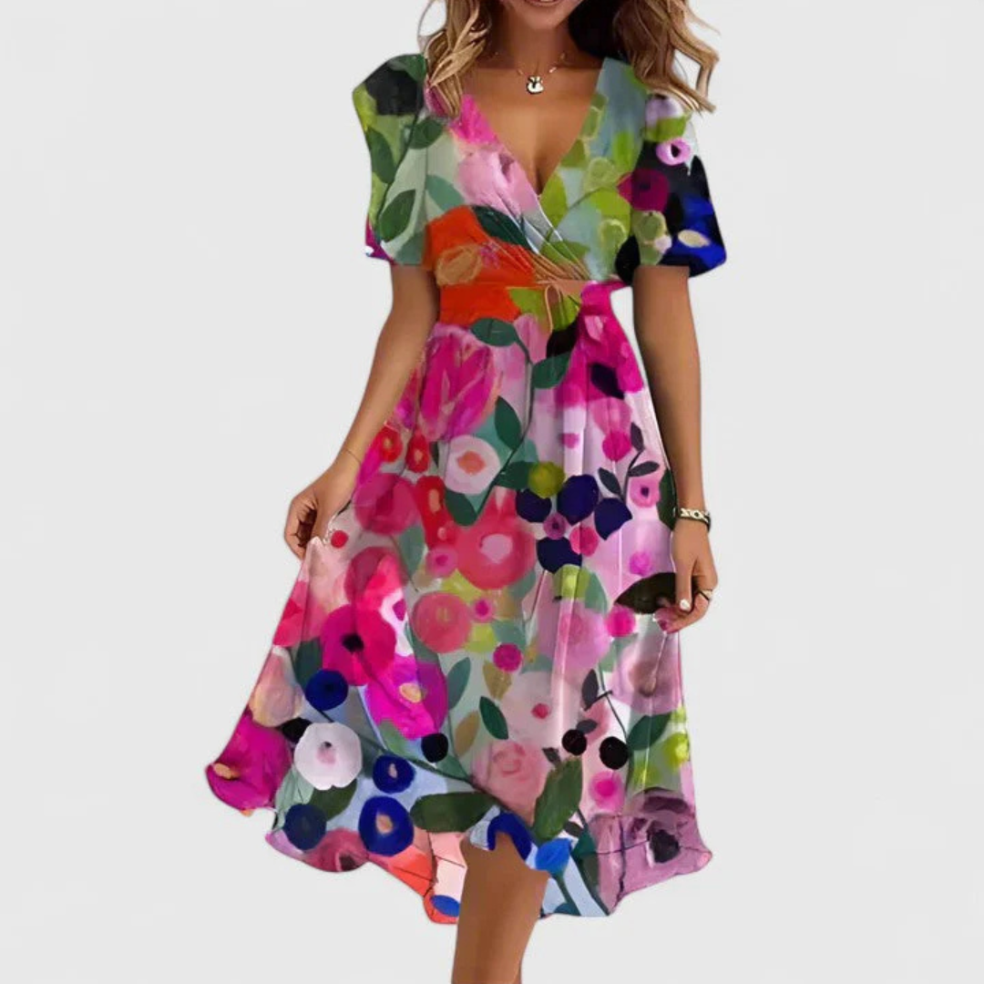 Noor | Pink Floral V-Neck Midi Dress