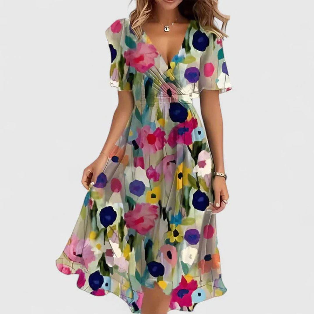 Noor | Pink Floral V-Neck Midi Dress